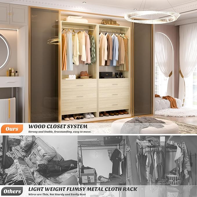 Aheaplus 2FT Closet System with 3 Drawers, 24’’ Closets Organizer, Wood Closet Organizer System, Walk-in Closets or Small Wardrobe, Clothes Rack with Hanging Rods, White Oak