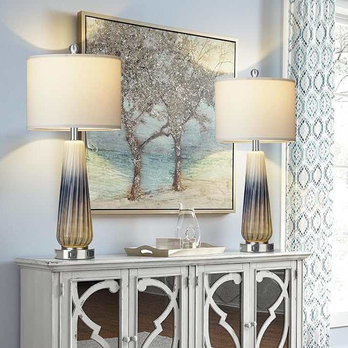 28" Glass Table Lamp Set of 2, Modern Table Lamps with USB A+C Ports & AC Outlet, Touch Control Bedside Nightstand Lamp with LED Night Light & White Fabric Shade for Living Room Blue(4 Bulbs Included)