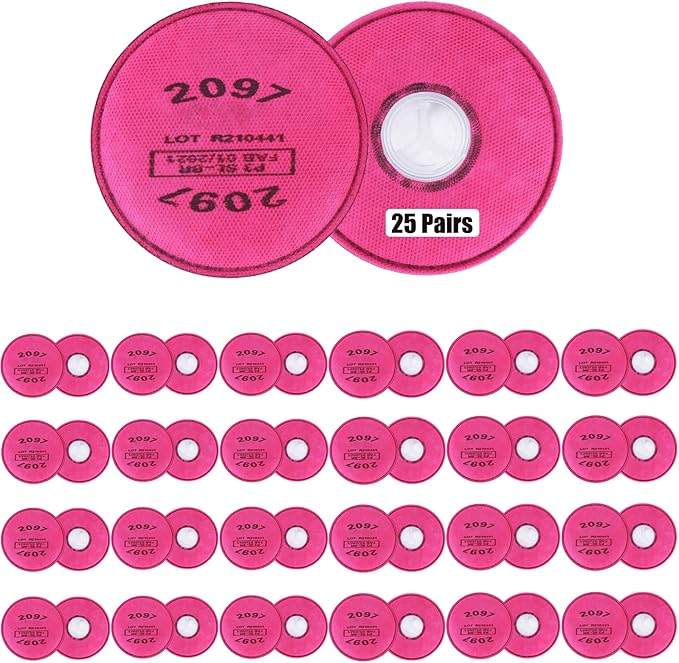 2097 Respirator Filters (50Pcs/25Pairs), Respirator Cartridges with Activated Carbon Layer, Filter for 6200, 6502, 6800, 7502 Respirator, for Against Particulate, Dust, Organic Vapor, Painting