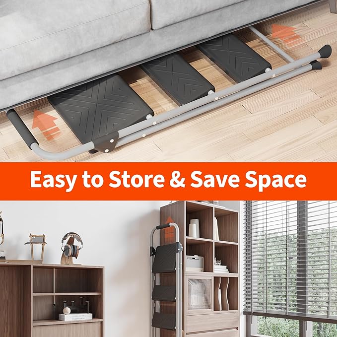 3 Step Ladder, Folding Step Stool with Anti-Slip Wide Pedal, Soft Handle, Anti-Slip Feet, Sturdiest Steel Construction, 900lbs Capacity Steel Ladder for Home and Office, Grey