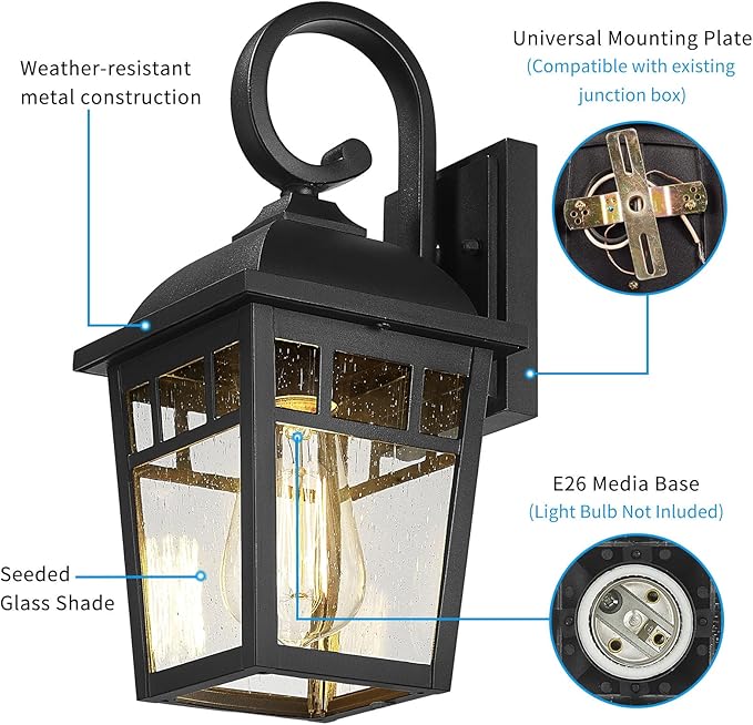 Front Porch Lights Outdoor Wall Lights Exterior Wall Sconce, Matte Black Exterior Light Fixtures with Waterproof Farmhouse Outdoor Lighting Fixtures for House Garage Porch Patio