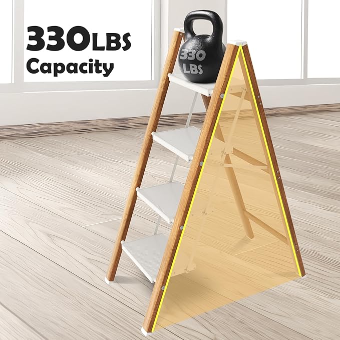 Taranta 4 Step Ladder,Aluminum Lightweight Folding 4 Step Stool with Anti-Slip Wide Pedal,330lbs Capacity Step Ladder for Household,Kitchen,Office - White Woodgrain