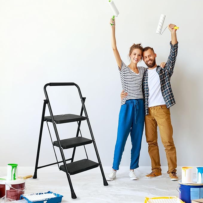 3 Step Ladder, Portable Steel Folding Step Stool with Wide Anti-Slip Pedal & Convenient Handgrip, 500lbs Sturdy Steel Ladder, Black