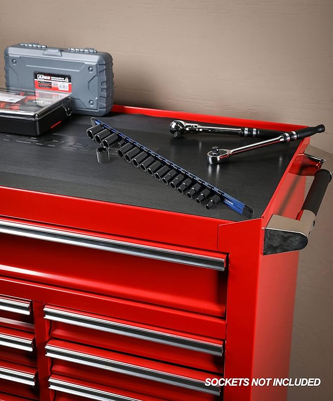 ARES 60043-3/8-Inch Drive Blue Aluminum Socket Organizer - Store up to 16 Sockets and Keep Your Tool Box Organized - Sockets Will Not Fall Off this Rail
