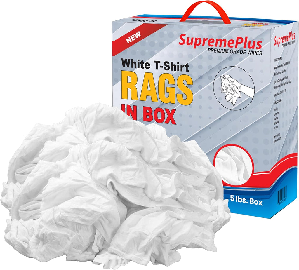 Premium White T-Shirt Cleaning Rags (5 lbs. Compressed Box of Rags) – White Cotton Cloths for Cleaning, Staining, Painting, Oil, Grease & Dust Removal