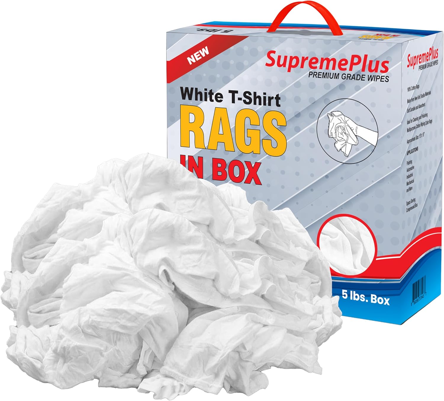 Premium White T-Shirt Cleaning Rags (5 lbs. Compressed Box of Rags) – White Cotton Cloths for Cleaning, Staining, Painting, Oil, Grease & Dust Removal