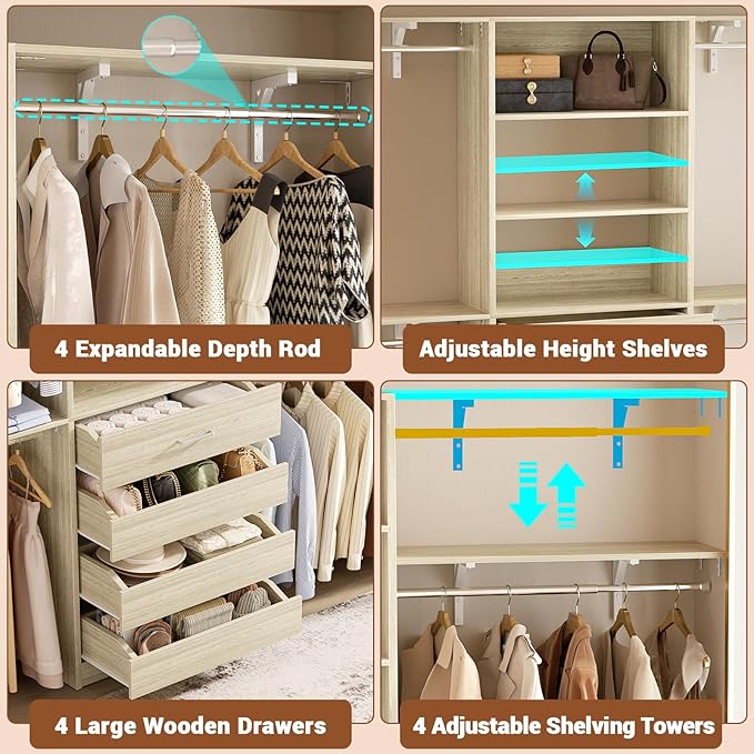 Aheaplus Closet System with 4 Drawers, 8FT Wood Closet Organizer System, 96’’ Closet Built In System Tower with Shelves, Walk-in Closet Wardrobe Clothes Garment Rack, Fits Spaces 4-9 ft, White Oak