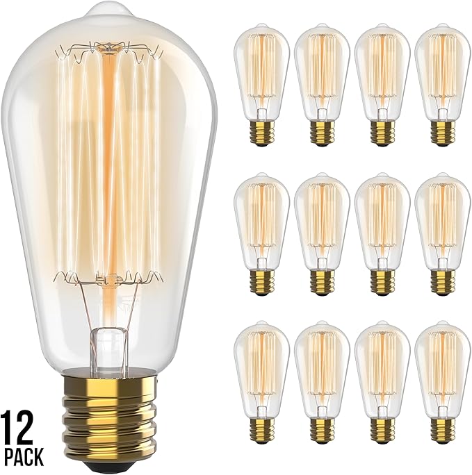 HUDSON BULB CO. Vintage Edison Incandescent 60W 12-Pack Light Bulbs - Antique ST64 Dimmable 2100K Warm Decorative Squirrel Filament - E26/E27 Base for Indoor Outdoor - Lightbulb - Outdoor Light