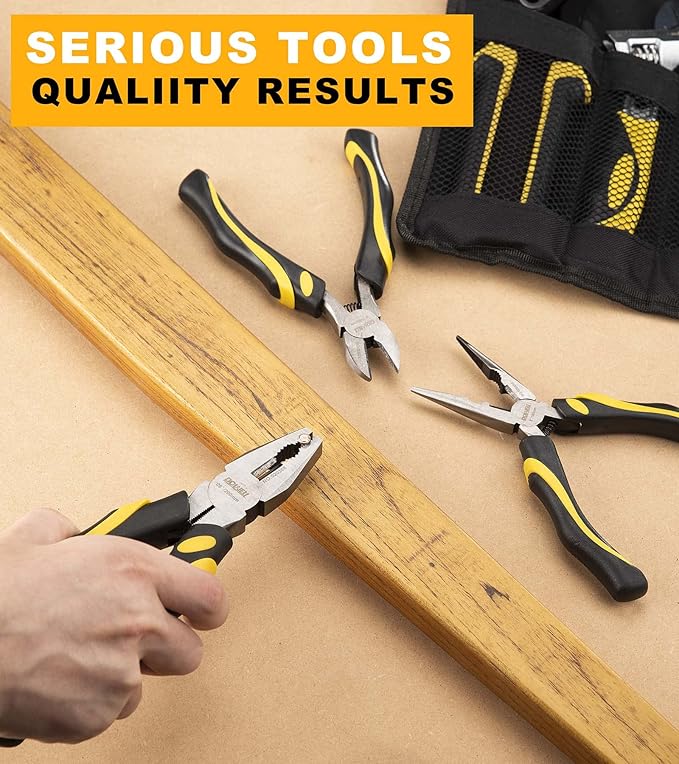 DOWELL 7-Piece Pliers Set - 10-Inch Groove Joint, 8-Inch Adjustable Wrench, Combination, 6-Inch Long Nose, Diagonal Cutting, Screwdrivers - Maintenance Tool Kit With Pouch