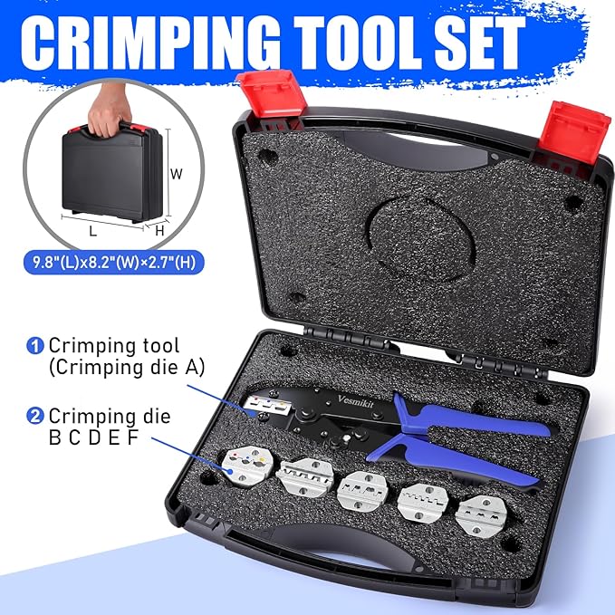 Crimping Tool Set 6PCS - Ratchet Wire Crimping Tool for Heat Shrink,Insulated Nylon,Non-Insulated,wire ferrules,Open Barrel Terminals,Solar Connectors - Crimper with 6 Interchangeable Die