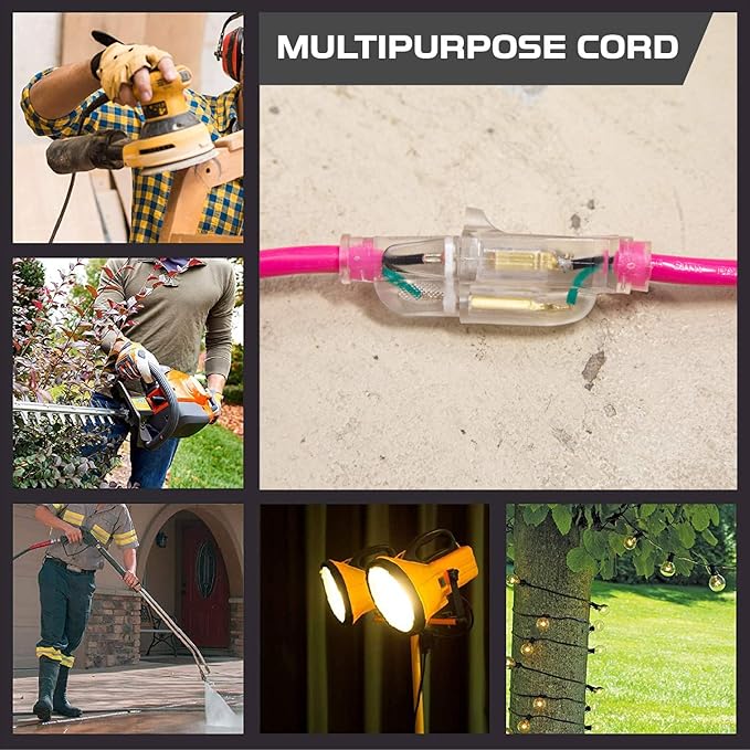 Iron Forge Cable Weatherproof 15 Ft Outdoor Extension Cord - 16/3 SJTW 13 Amp Heavy Duty Neon Pink Extension Cord 3 Prong - Lighted End