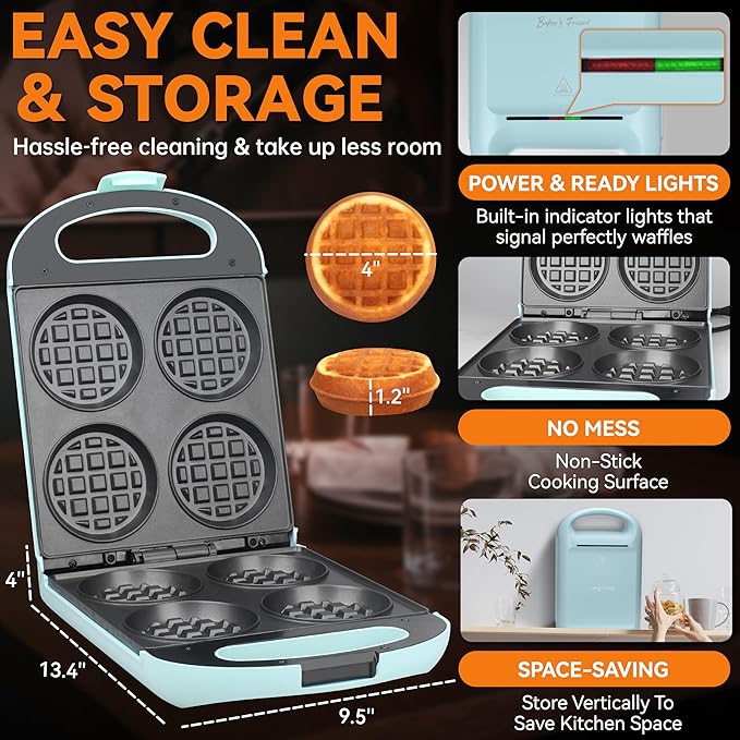 Baker's Friend Multi Stuffed Waffle Maker Thick, 4-Slice with 1.2'' Thick & 4'' Dia, Belgian Mini Waffle Maker Flip, Nonstick Breakfast Sandwich Maker, Stuffed Waffle Iron, Aqua