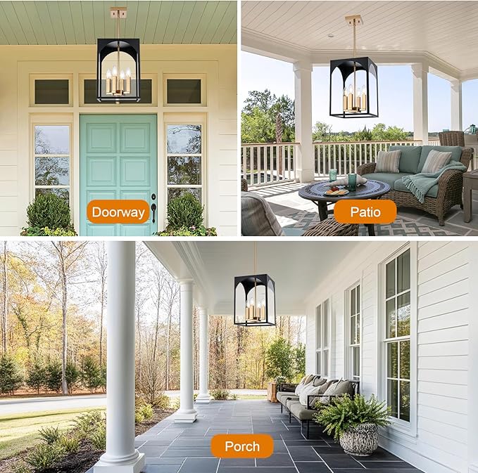 VINLUZ Outdoor 4 Lights in Black and Brushed Brass Finish, Metal Indoor Outdoor Pendant Hanging Lantern Lighting with Clear Glass Shade for Balcony Dining Room