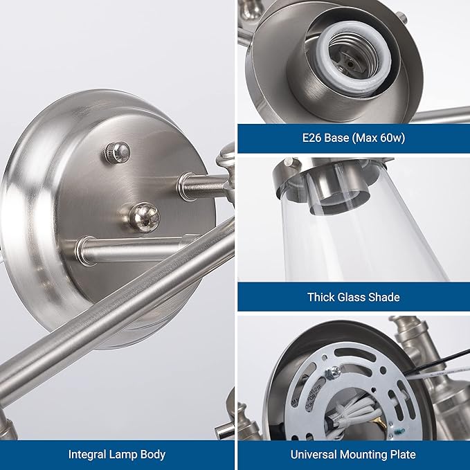 DEWENWILS Bathroom Light Fixtures, 5-Piece All-in-One Bathroom Light Set, 3 Light Brushed Nickel Bathroom Vanity Light with Glass Shades, Towel Bar, Towel Ring, Robe Hook, Toilet Paper Holder