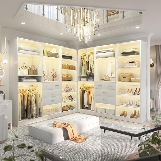 Unikito 75” Closet System with Drawers, 6.2FT Wood Closet Organizer with Hanging Rods and Mirror, Reversible Large Walk in Closets Wardrobe Garment Rack with Shoe Shelves, Max Load 2000 LBS, White