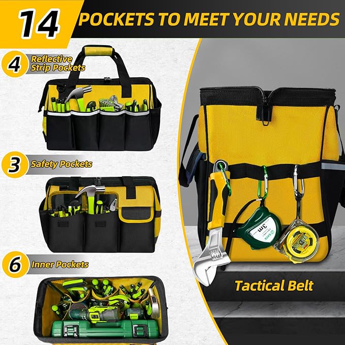 Tool Bag, Portable Tool Box Organizer Adjustable Shoulder Strap, Carry Tool Tote Heavy Duty Tool Storage Bag With Wide Mouth,Tool Bags for Men Mechanic EngineerGift - L, Yellow & Black