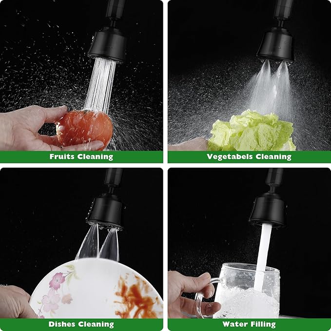 Faucet Sprayer Attachment with 2 Ball Joint, Big Angle Swivel Kitchen Sink Faucet Head Replacement, 4 Spray Models, 55/64-27UNS Famale Thread, Male Thread Adapter Included, Black