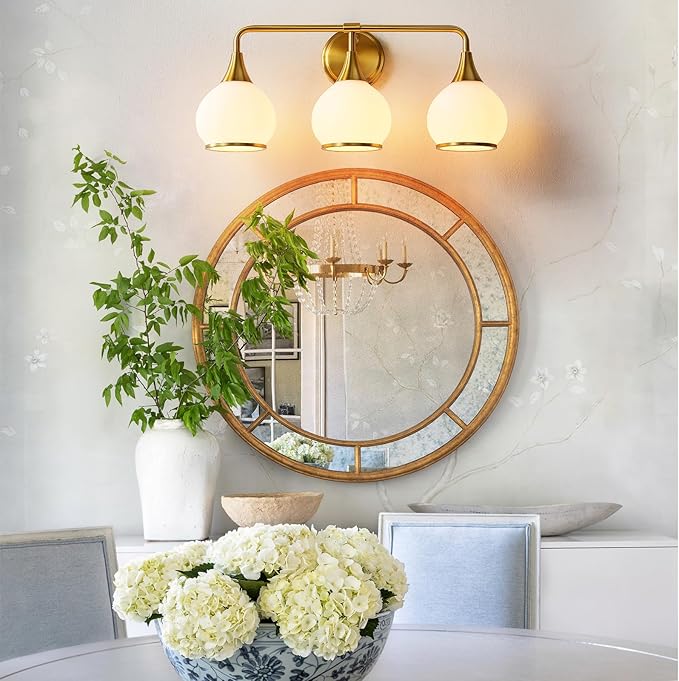 Brushed Gold Bathroom Light Fixtures 3-Lights Vanity Lights with Milky White Frosted Glass Shade Bathroom Vanity Light 22.4 inch Wall Sconce Lighting Bath(Exclude E26 Bulb)