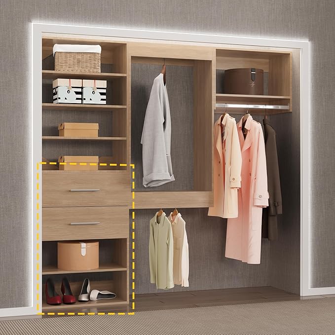 2 Drawer Short Tower Closet Unit, Modular Closet System, Wood Closet System Organizer with Storage for Walk In Closets, Clothing Rack Closet for Hanging Clothes, Bedroom, Wood, 25.5"W