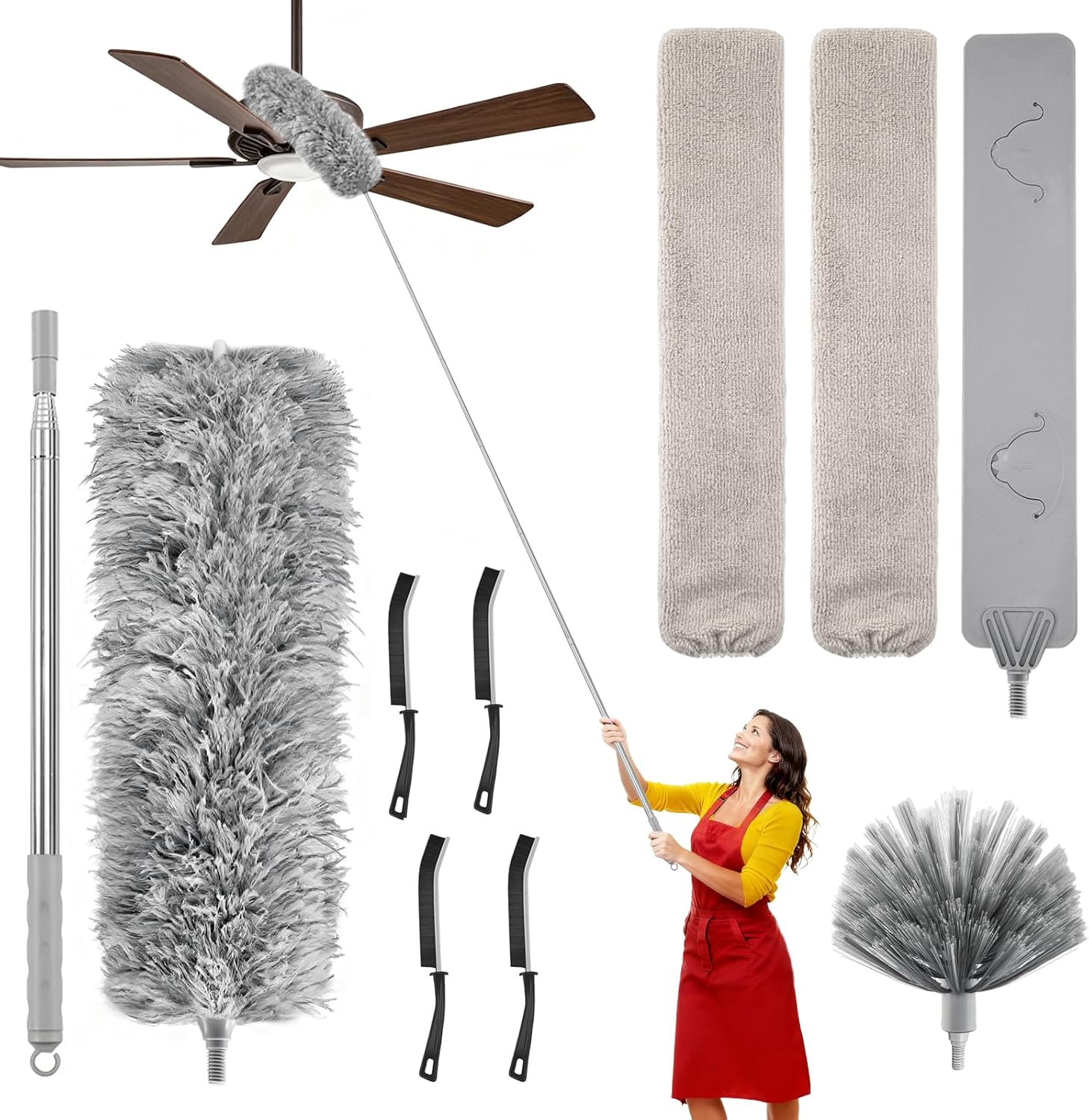 100-inch Duster with Extension Pole, 9-in-1 Cobweb Duster Kit Includes Spider Web Brush & Flat Gap Cleaner for High Ceiling, Fan, Under Appliances, Car, Home Deep Cleaning