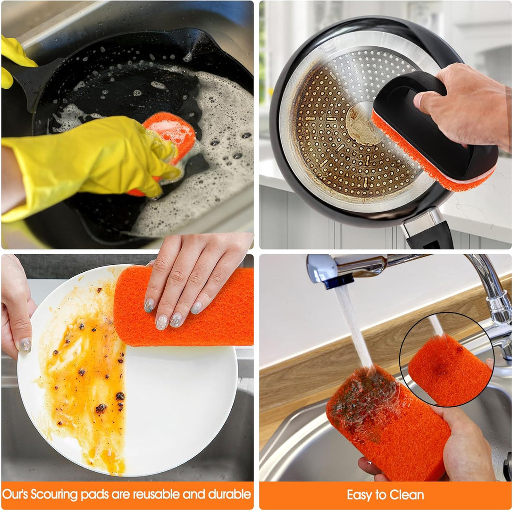 Upgraded 6-Piece Griddle Cleaning Kit for Blackstone, Flat Top Grill Cleaner Non-Scratch Scouring Pads for Kitchen - Heavy-Duty 5 Griddle Scrubber Pads with 1 Handle