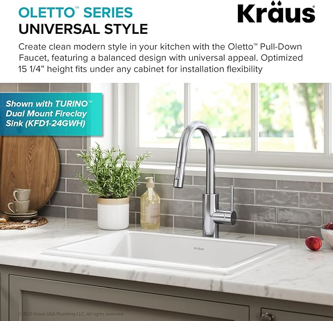 KRAUS Oletto Single Handle Pull Down Kitchen Faucet with QuickDock Top Mount Installation Assembly in Chrome, KPF-2620CH