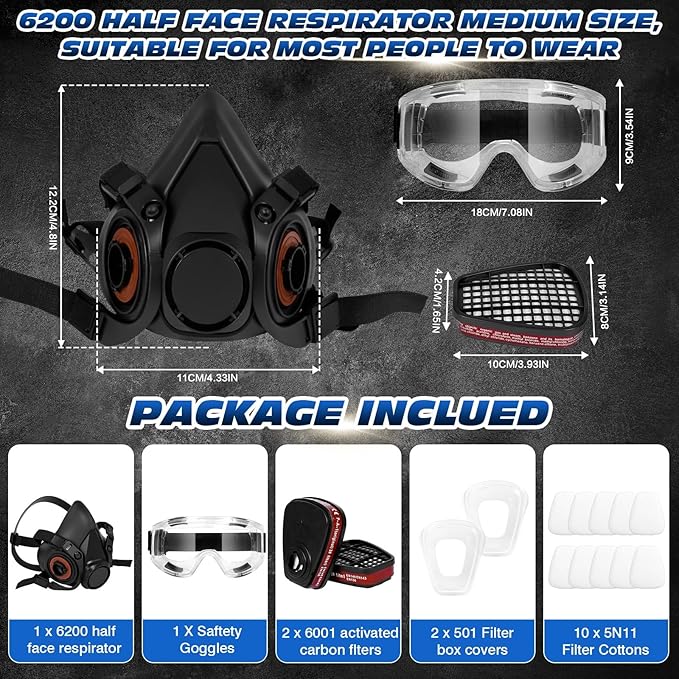 Respirator Mask with Filters and Goggles, Chemical Respirators Gas Mask for Paint, Epoxy Resin Respirator