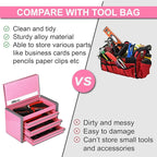 P.I.T. Mini Pink Tool Box, Portable 3 Drawer Steel Stackable Tool Box with Magnetic Tab Locking, Pink Micro Top Chest with Liner for Tools Storage and Organizers, Home DIY