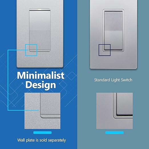 LIDER Minimalist Design Matte Finish Lighted Decorator Switch, Frameless Paddle Light Switch with Locator Light, Grounding Screw, 3-Way or Single Pole, 15A 120V, UL listed, LS15-3W-SV5P Silver, 5 Pack