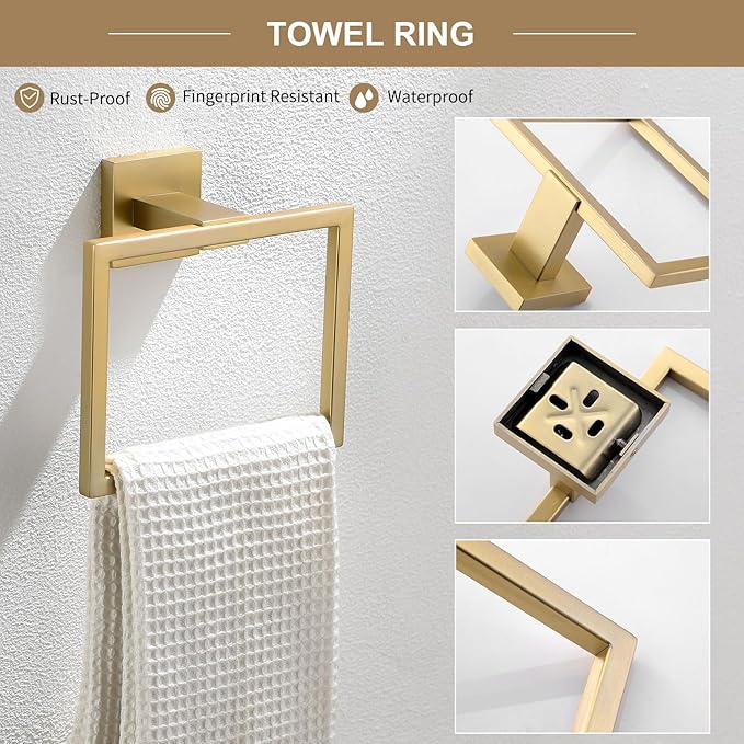 TQKAG 6-Piece Bathroom Towel Bar Sets Brushed Gold 23.6 inch Towel Bar Stainless Steel Towel Ring Coat Hook and Toilet Paper Holder Bathroom Hardware Set Wall Mounted Bathroom Accessories Kit