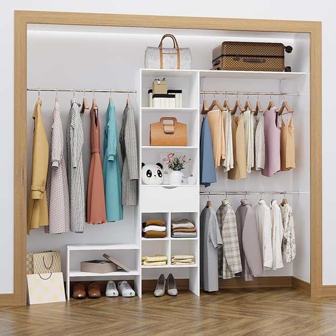 Wood Closet Organizer System, Closet Organizer with 3 Hanging Rods & 1 Wooden Drawer – Adjustable Closet System for Walk-In Closets, Wood Shelves, Fits Spaces 3-8ft, Pure White