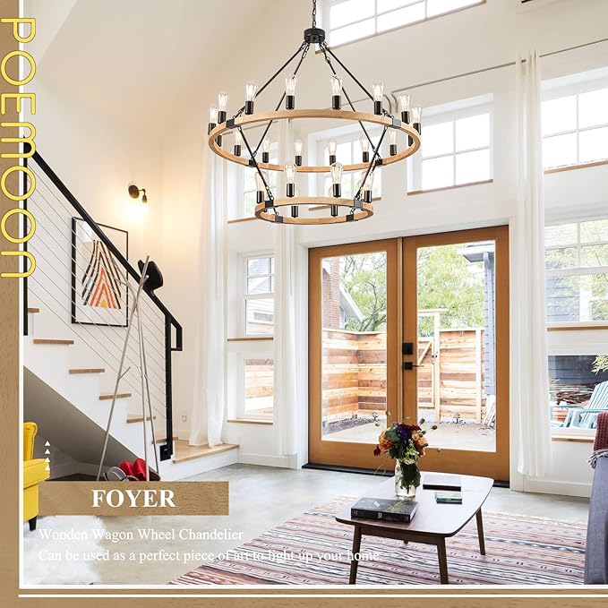 24-Light 2 Tiers Farmhouse Wooden Wagon Wheel Chandelier, 43.3'' Black Metal Round Chandeliers 2-Story Natural Rustic Light Fixtures for High Ceiling Living Dining Room Foyer Villa