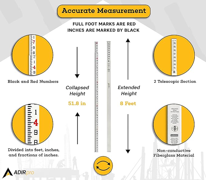 AdirPro 8-Foot Fiberglass Grade Rod – 8ths, 2-Section Telescoping Rectangular Leveling Rod – Non Glare and Corrosion Resistant – Heavy Duty Carrying Case Included