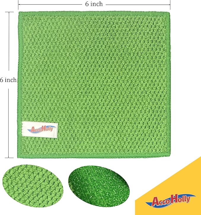 12 Pack Microfiber Scrub Dish Cleaning Cloth, Non-Scratch, Reusable & Durable for Pan Pot Dish Cooktop Stovetop Counter Kitchen Household, Machine Washable, 6 x 6 Inch, Orange, Blue & Green Assorted