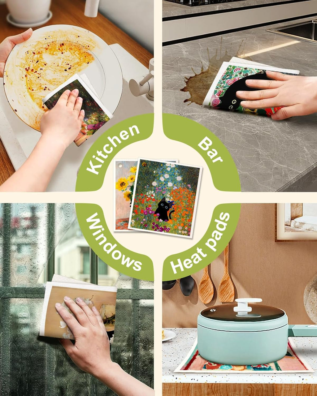 6 Pack Swedish Dishcloths for Kitchen - Reusable Dish Cloths for Washing Dishes Absorbent Cute Funny Kitchen Towels Cleaning Sponge, Floral Cat