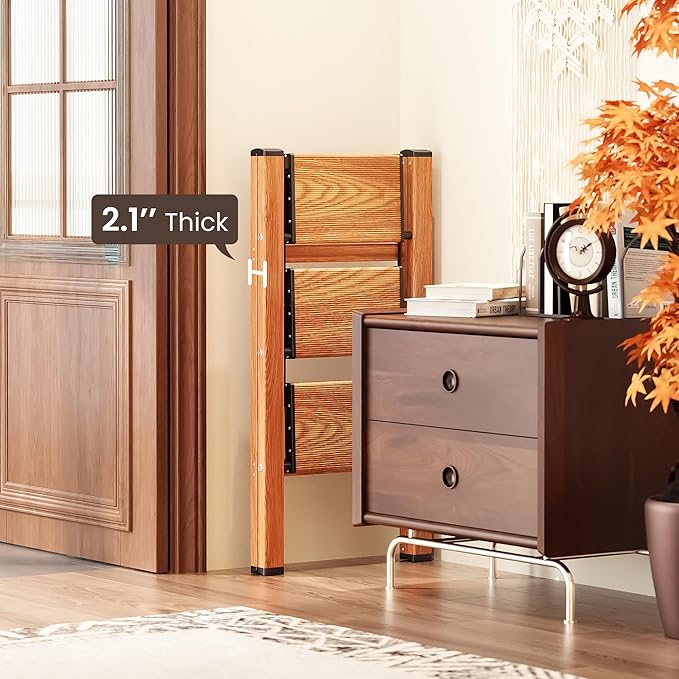 GameGem 3 Step Ladder, Folding Step Stool with Anti-Slip Wide Pedal, Aluminum Material Lightweight Yet Sturdy, 300 Lbs Load, Cute Modern Apperance for Indoor Household Spaces