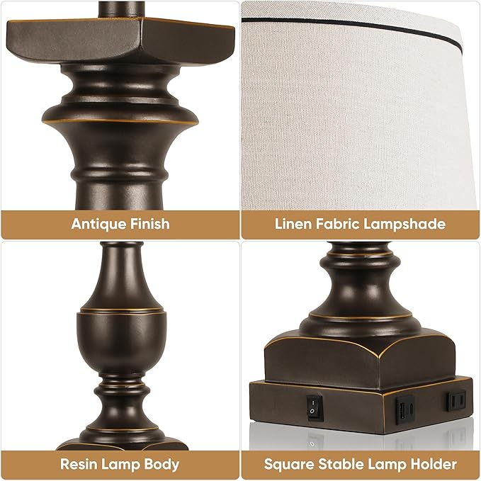 28'' Farmhouse Bedside Lamps Set of 2, Black Gold Table Lamps for Nightstand, Desk Lamps with Linen Shades, Table Lamps with USB A+C Port, Nightstand Lamps for Bedroom, Rocker Switch, Bulb Included