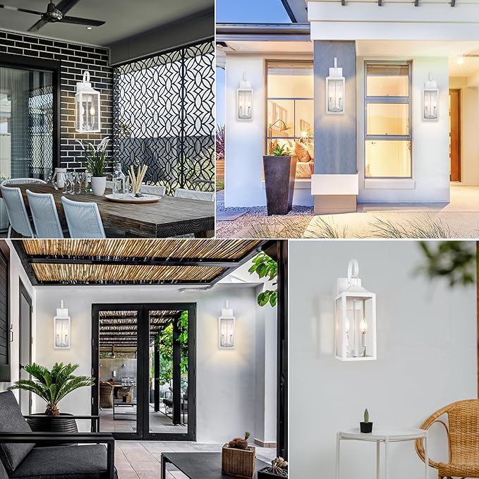 19" White Outdoor Wall Lantern 2-Light, Large Modern Wall Sconce Light Fixture, Industrial Porch Light with Glass, Waterproof Farmhouse Exterior Lamp