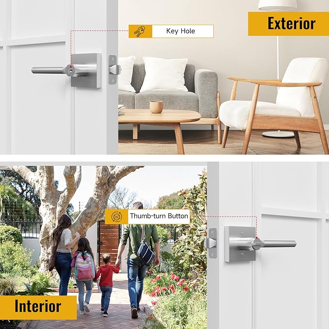 HOSOM Entry Door Handle with Lock and Key, Commercial and Residential Area, Exterior Modern Entrance Door Lever Heavy Duty Door Lock for Front Door, Satin Nickel