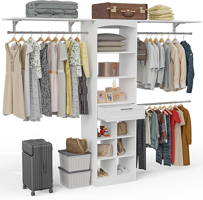 Closet System With Drawer - 8 FT Closet Organizer And Storage, Wood Closet Organizer System with Tower, Walk-in Closet Organizer Wardrobe Clothes Rack with 3 Hanging Rods, Garment Rack