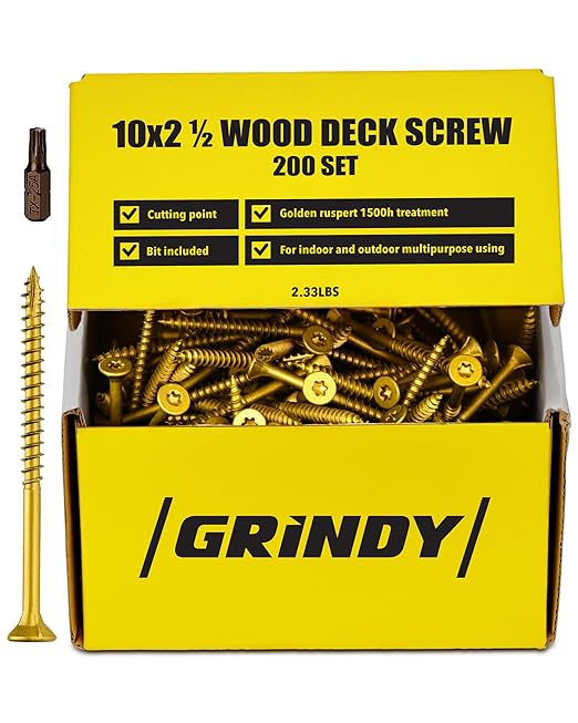 #10 x 2 1/2’’ Wood Screws by Grindy (200pack/2.33LBS) – Self-Drilling Deck Screws I Rust Resistant I Quick Drive & Fast Grip I for Cabinet, Furniture & Other Projects I T25 Star Drive I Bit Included