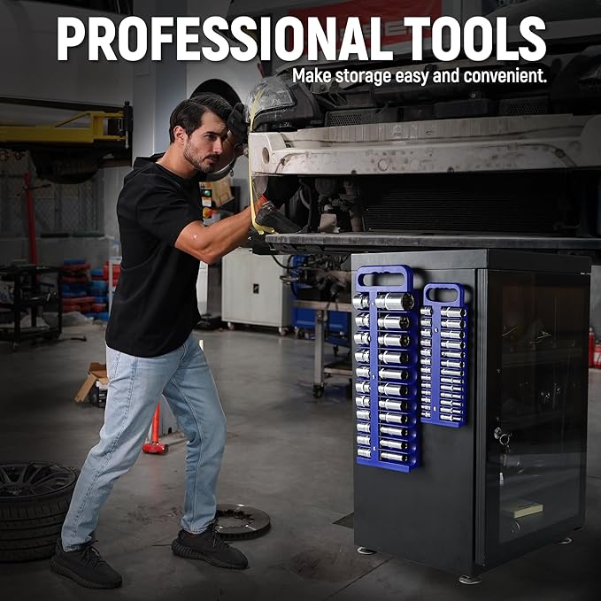 Magnetic Socket Organizer Set, 3-Piece Blue Portable Magnetic Socket Holder Tray, Heavy Duty Socket Racks For 1/2-inch& 3/8-inch& 1/4-inch Drive, Hold 76 Sockets - Fit Shallow&Deep Sockets