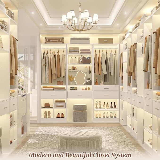 Unikito Freestanding Closet System with Wood Drawer and 4 Cubby Storage, Closet Organizer with Hanging Rods & Shelves, 25‘’W X 80'' H Clothes Garment Rack, Walk in Closet Tower Wardrobe, White