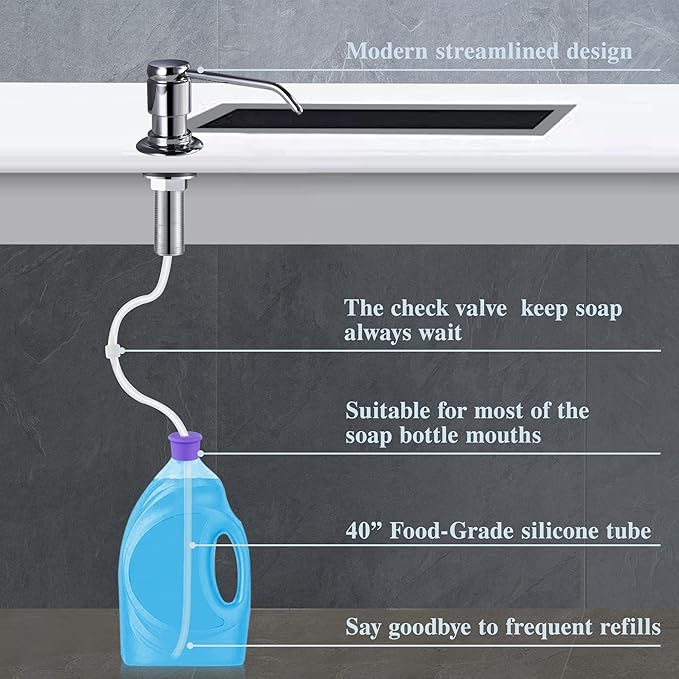 Gagal Soap Dispenser (Chrome) and Extension Tube Kit for Kitchen Sink, Complete Brass Pump with 40" Silicone Tube Connect to The Bottle Directly, Say Goodbye to Frequent Refills