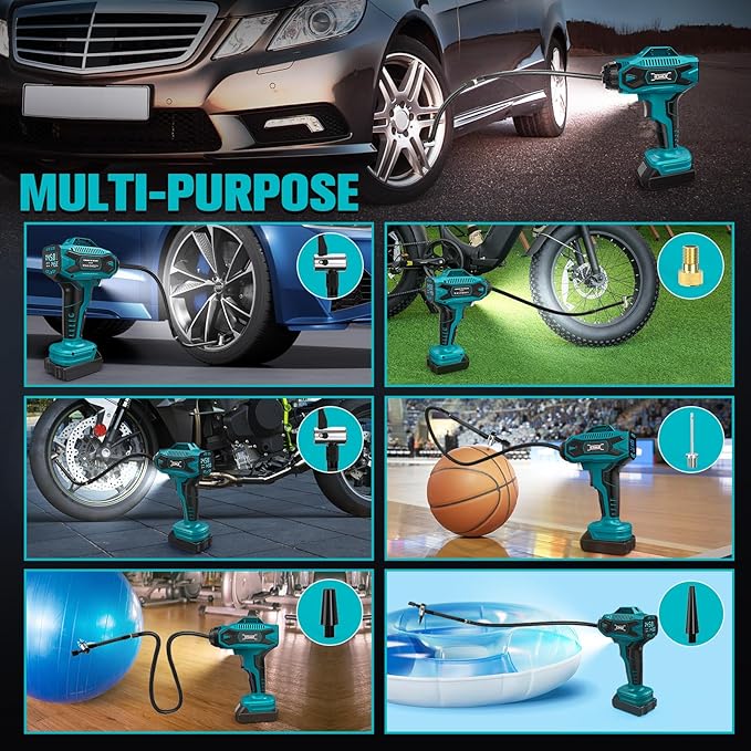 Cordless Tire Inflator Air Compressor Compatible with Makita 18V Battery, 160PSI Portable Air Pump with Digital Pressure Gauge, Fast Inflation for Cars, Motorcycles, Bikes(Bare Tool)