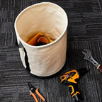 2 Pack Utility Canvas Tool Bucket 15" x 12" All Purpose Canvas Bucket Bag, Truck Tool Organizer with Plastic Bottom Metal Hook for Store Work Accessory, Load Capacity up to 150 Lbs (White)