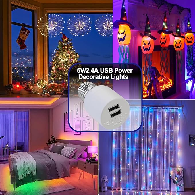 Borju Light Socket USB Adapter for Decorative Lights,Lighting,Security Camera,Mini Fan. Output DC 5V/2.4A Total,Dual Port