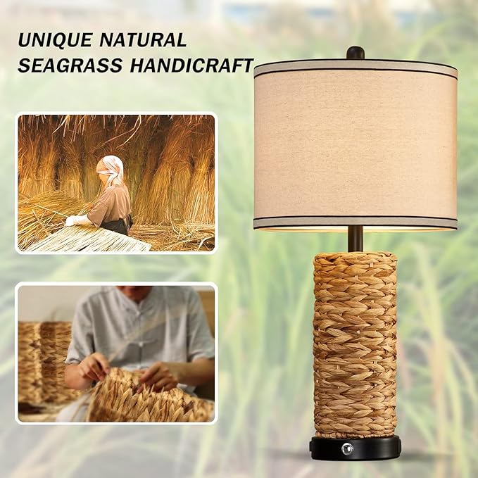 GyroVu Rattan Table Lamp Set of 2, Wicker Lamps, 3 Way Dimmable Touch Seagrass Table lamp with 2 USB Ports and 1 AC Outlet for Bedroom Nightstand Table, Livingroom End Table, Bulbs Include