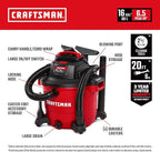 CRAFTSMAN CMXEVBE17595 16 Gallon 6.5 Peak HP Heavy Duty Wet/Dry Shop Vac with Filter, Dust Bag, Hose, Attachments and CMXEVBE17678 1.75 Peak HP Wet/Dry Shop Vac Powerhead with Filter Bag and Hose