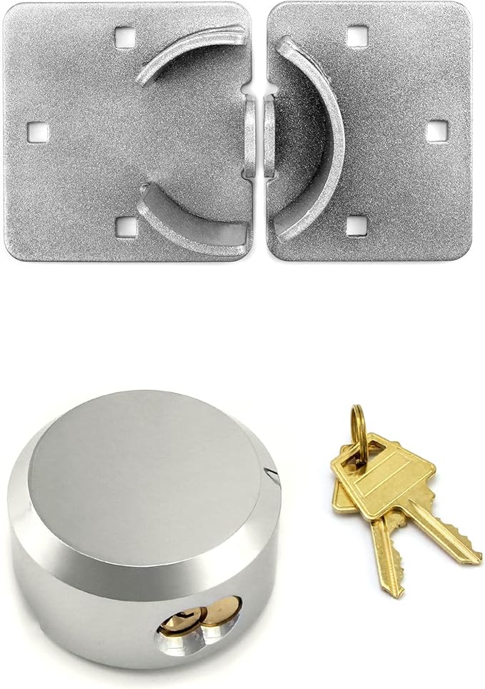 QWORK Heavy Duty Puck Lock and Hasp, 2 Pack High Security Steel Hidden Shackle Keyed Different Padlocks with Keys for Trucks, Gates, Vans and Vending Machines